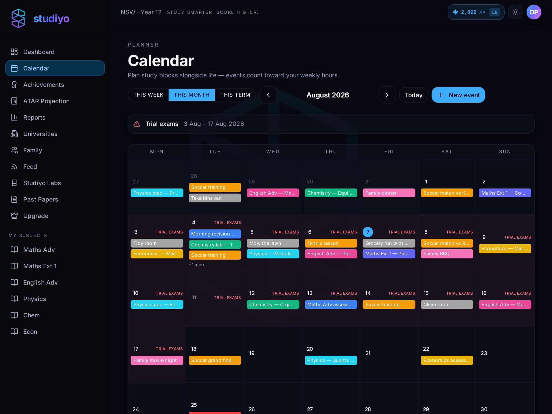 studiyo calendar with timetabled study sessions and assessment due dates
